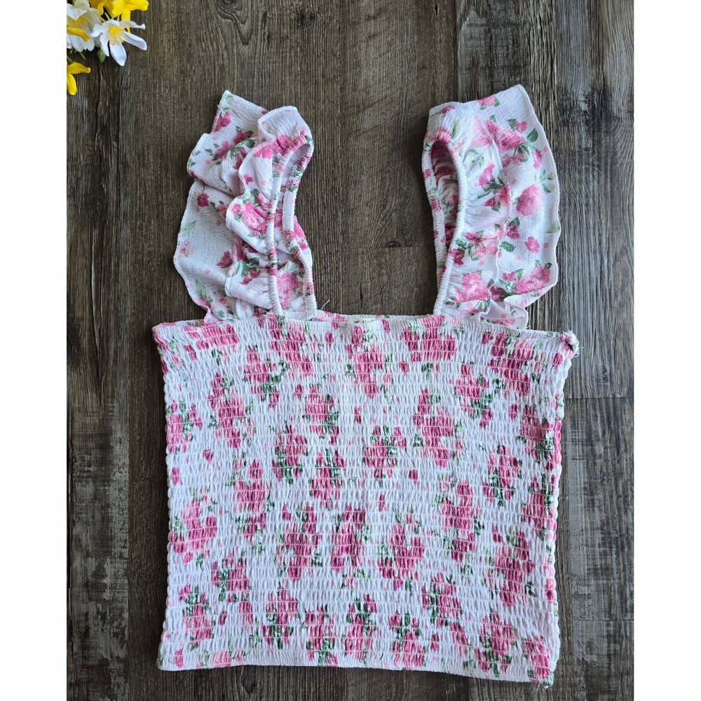 Jolie & Joy Smocked Crop Top Floral Ruffle Strap Sleeveless White Pink Small